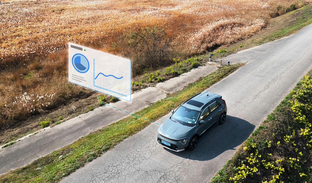 driving car with a widget showing vehicle data