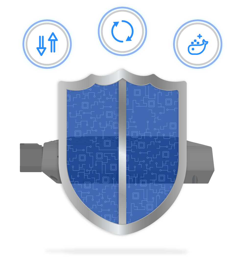 A autopi device behind a big shield with 3 icons above: docker, restart and sending and receiving data