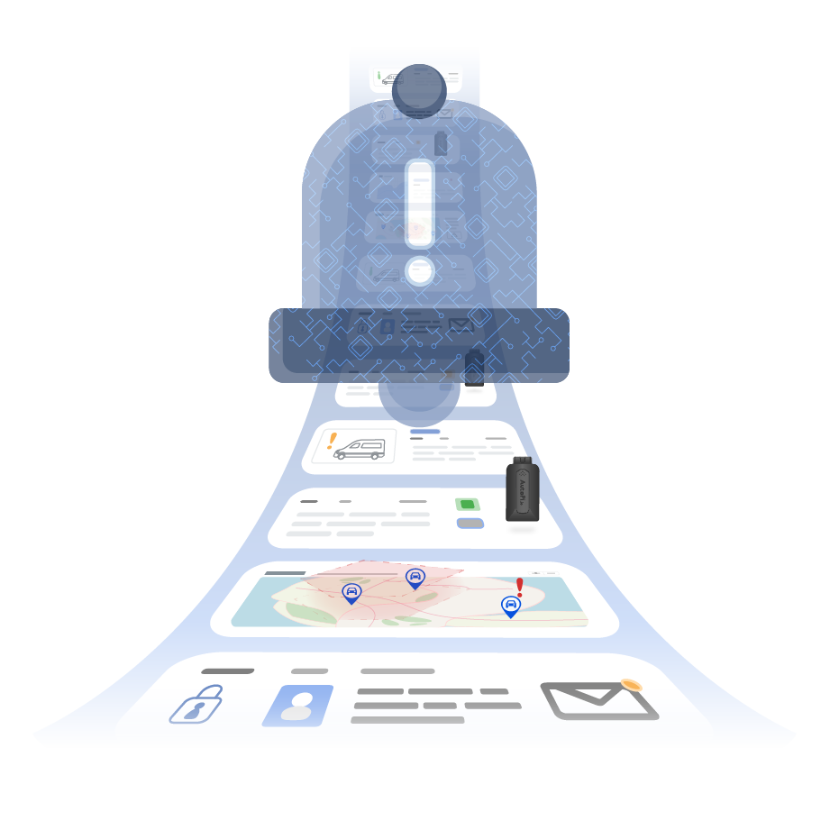 A roadway of fleet management widgets with an alarm above