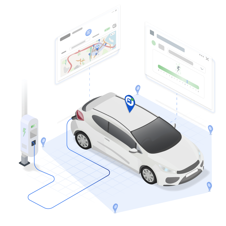 Car charging up on battery with widgets around it