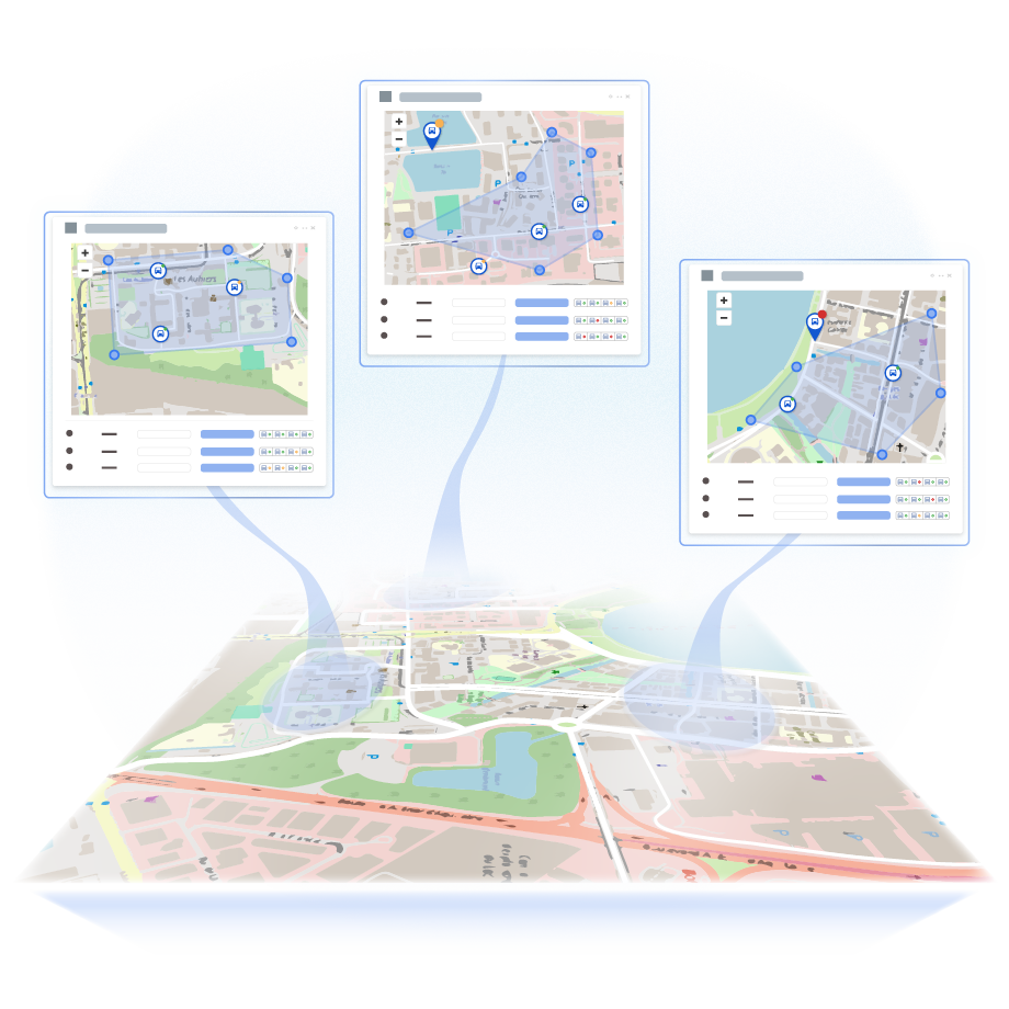 A zoomed out map with three 3D geofences popping out