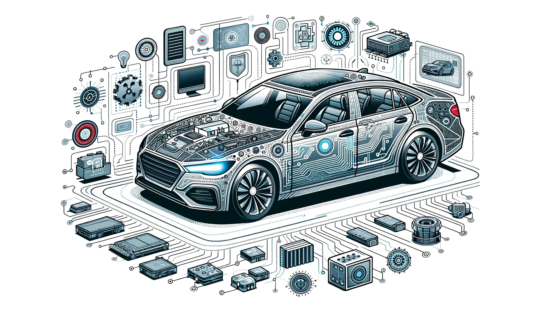 car with visible internal systems and software components