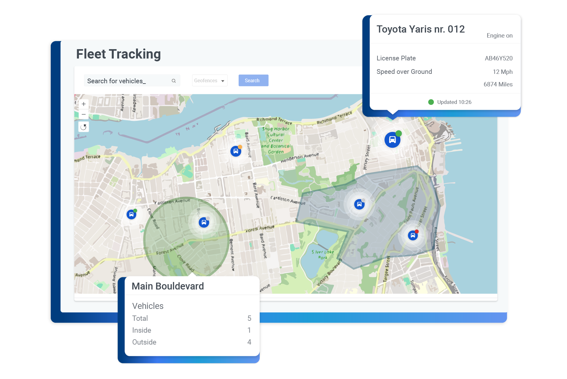 Dashboard showing a map with fleet tracking
