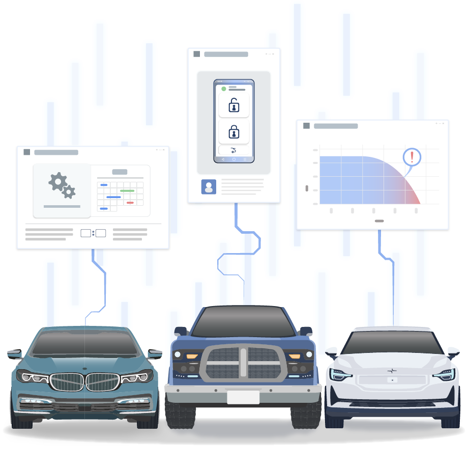 three cars side by side with maintenance widgets above